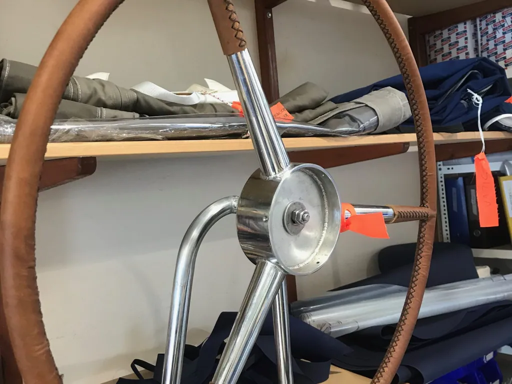 A yacht wheel being rebuilt and re-wrapped at the workshop