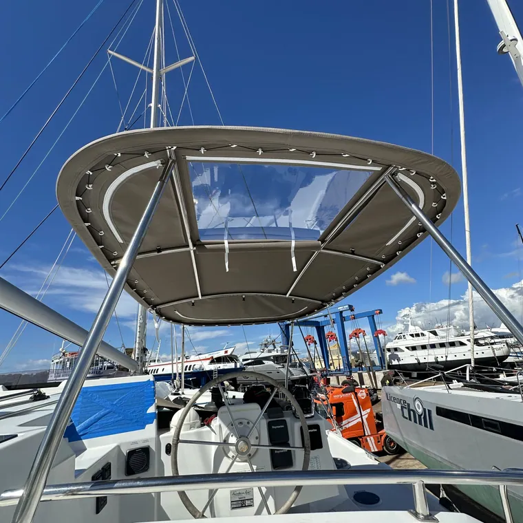 Stainless bimini frame and canvas seen from inside the cockpit